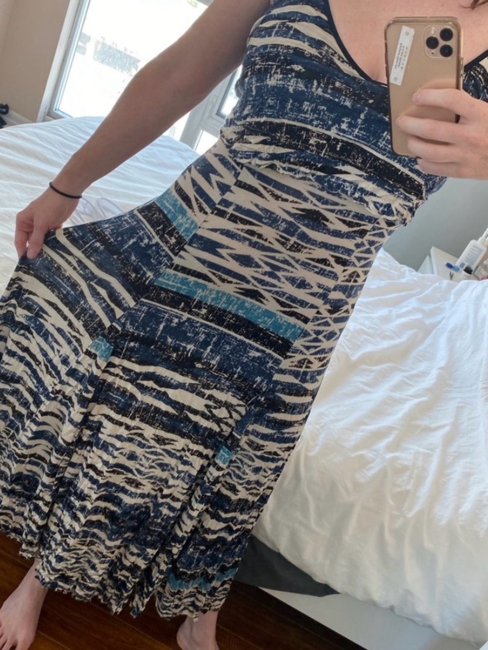 Navy and White Striped Maxi Dress with Teal Accents